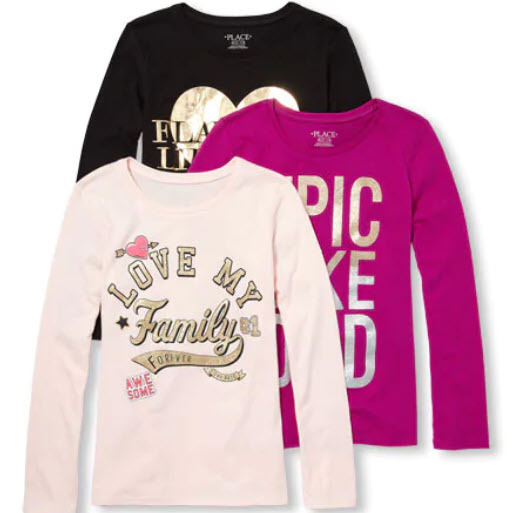 Girls Long Sleeve Glitter Family Love Graphic Tee 3-Pack