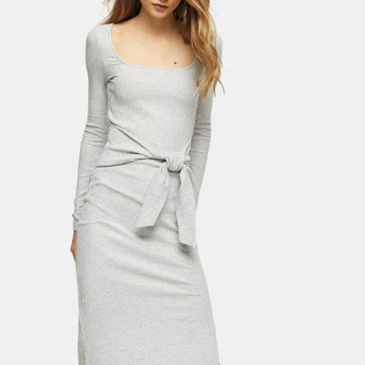 Grey Ribbed Square Neck Belted Midi Dress