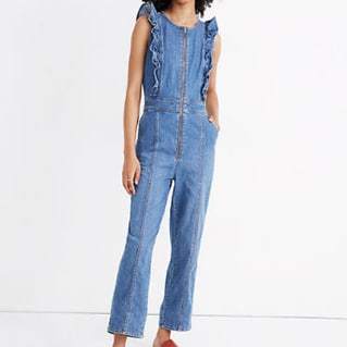 Denim Ruffle-Sleeve Zip-Front Jumpsuit