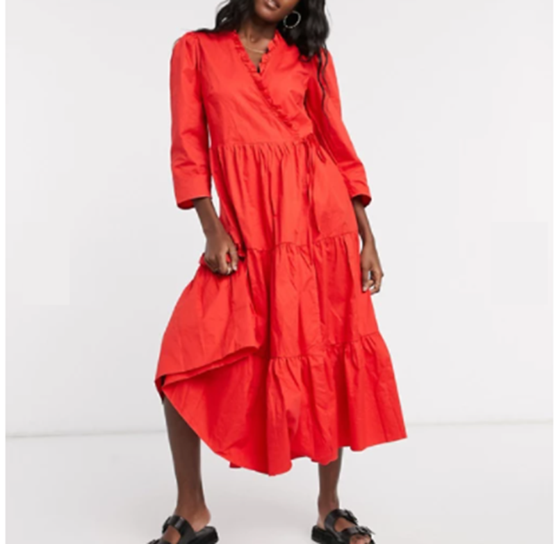 Midaxi Dress with Ruffle Wrap Front and Tiered Skirt
