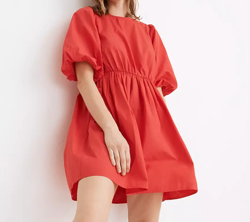 Poplin Crewneck Bubble-Sleeve Mini Dress