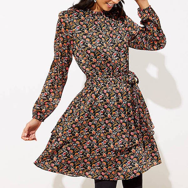front of loft shimmer floral ruffle flare dress