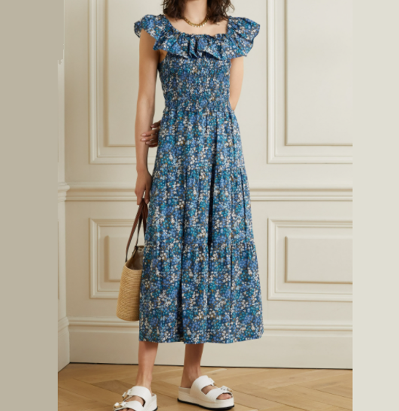 Ruffled Floral Cotton Voile Midi Dress