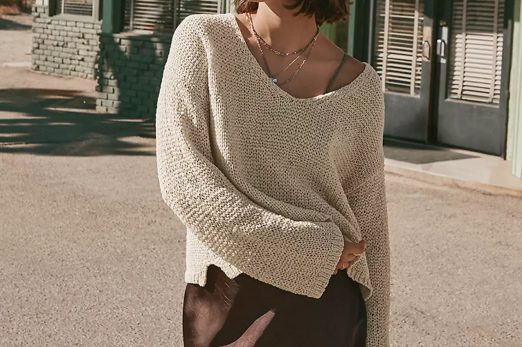 loft open stitch cotton v neck sweater
