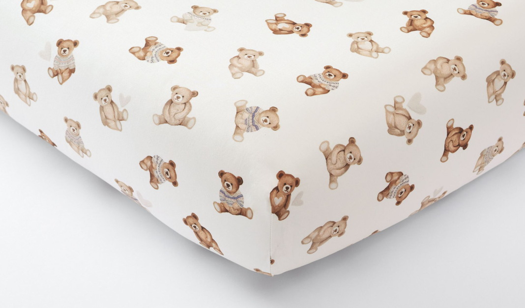 pottery barn kids teddy bear print cotton fitted crib sheet