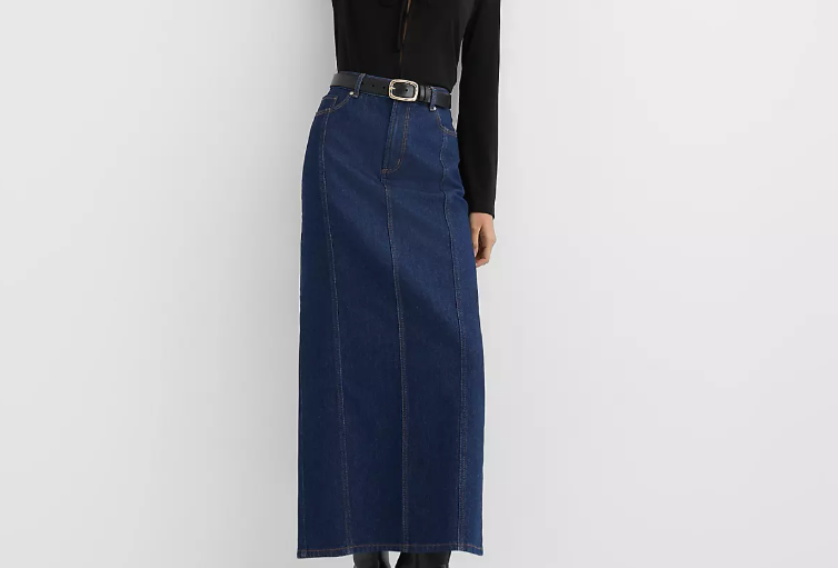 rivete seamed denim maxi skirt in nova wash NEW
