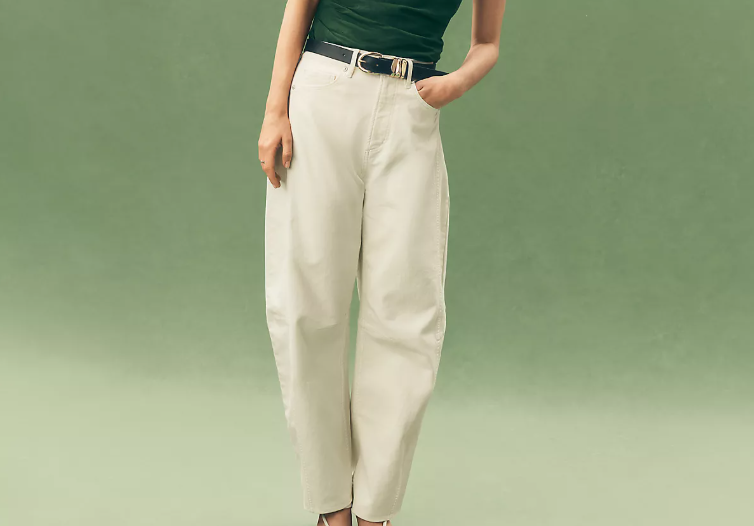 rivete seamed high rise cotton denim barrel jeans in ivory NEW